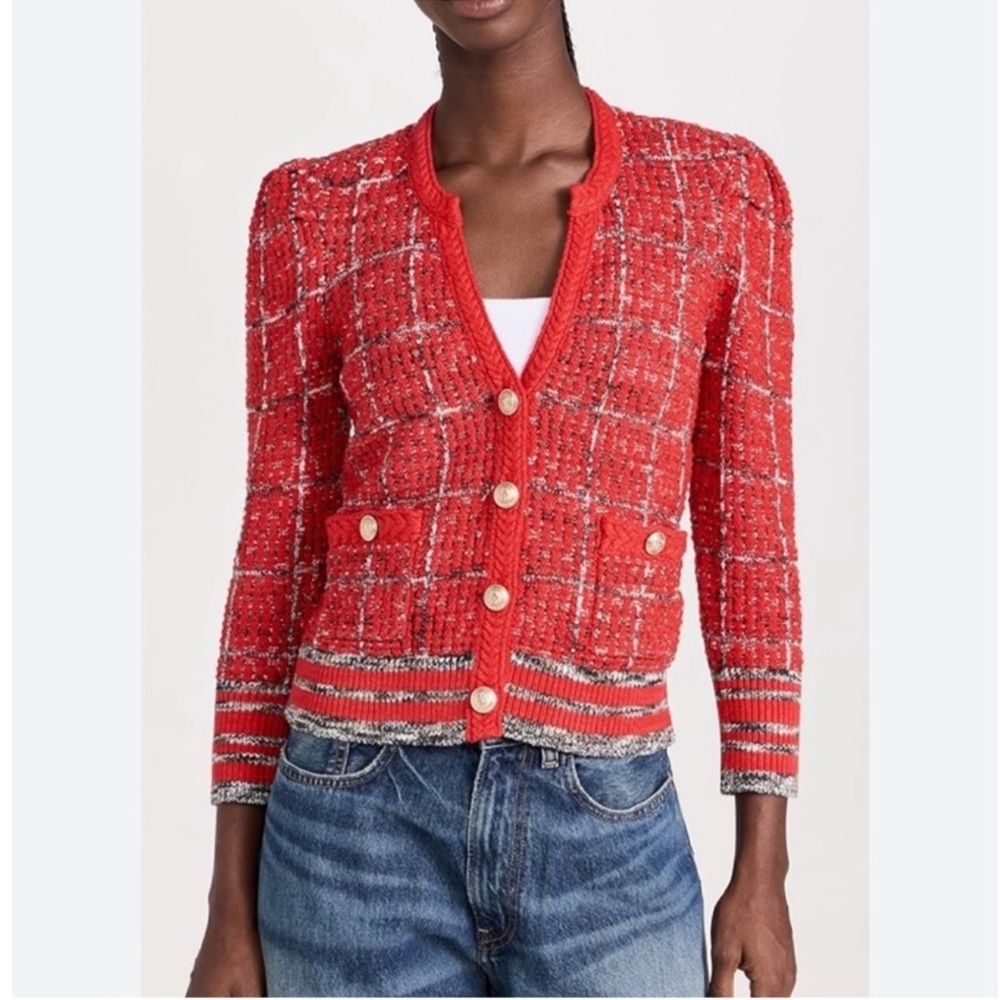 L'Agence Jenni Red Puff Sleeve Cardigan NWOT